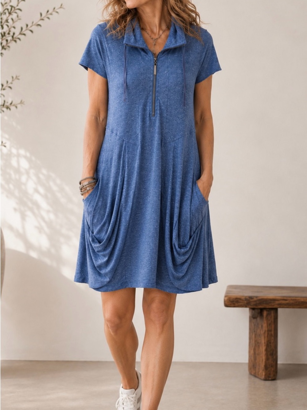 Philosophy Petite Blue Heather Cowl Neck Zip Tunic Dress Pockets PM Soft Stretch